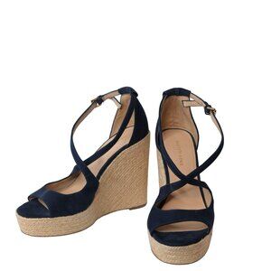 Saks Fifth Avenue Navy Blue Suede Espadrille Strappy Wedge Size 8